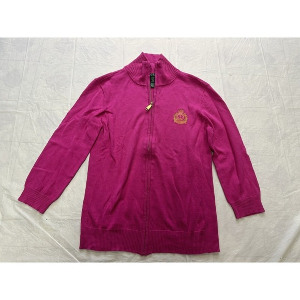 Lauren‎ Ralph Lauren Medium Pink Full Zip Sweater Nautical Crest Patch